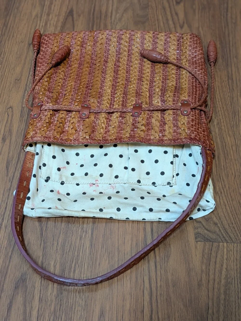 Martina Caponi Italy Brown Woven Braided Leather Bag Hobo Drawstring Polka Dot